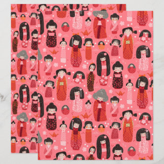 Rosa Illustrated japansk Kokeshi Scrapbook Papper