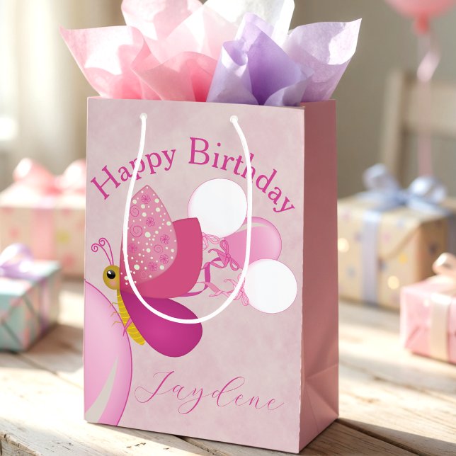 Rosa Illustrerad Fjäril Med Ballonger (Gift bags with wings. Swirly butterfly + balloons make every present festive.)