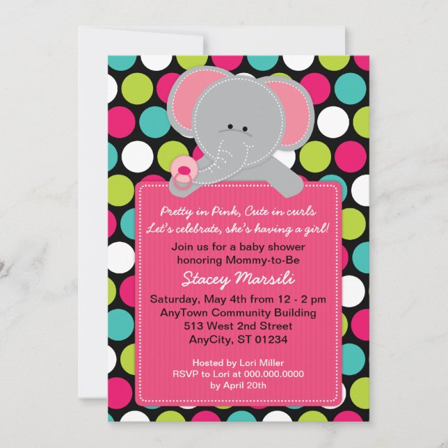 Rosa inbjudan för elefantPolkadot baby shower (Framsida)