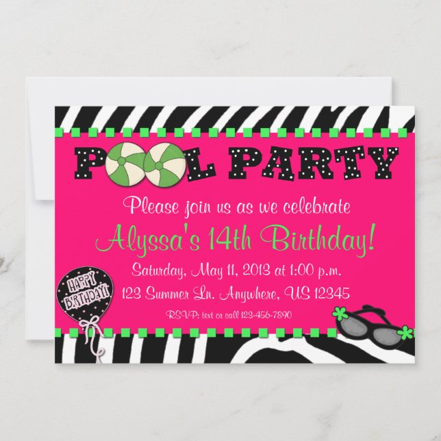 Rosa inbjudan för födelsedag för sebrabassängparty (Framsida)