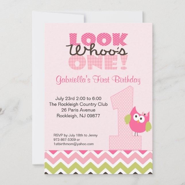 Rosa inbjudan för födelsedag för ugglastort antal (Framsida)