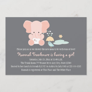 Rosa Inbjudan till Elephant Little Bird Baby Showe