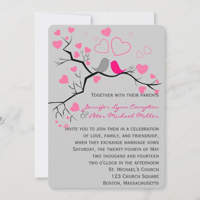 Rosa, inbjudan till Grått Lovebird & Hearts bröllo (Framsida)