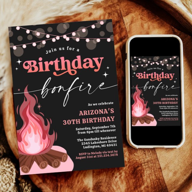 Rosa + inbjudan till hönsdagsplockning (Pink + Peach Birthday Bonfire Invitation)