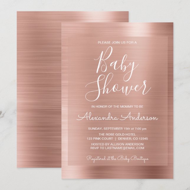  Rosa - Inbjudan till Ro Gold Foil Baby Shower (Fram/baksida)