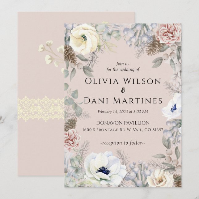 Rosa  inbjudan till vit Blommigt Natur - inbjudan  (Fram/baksida)