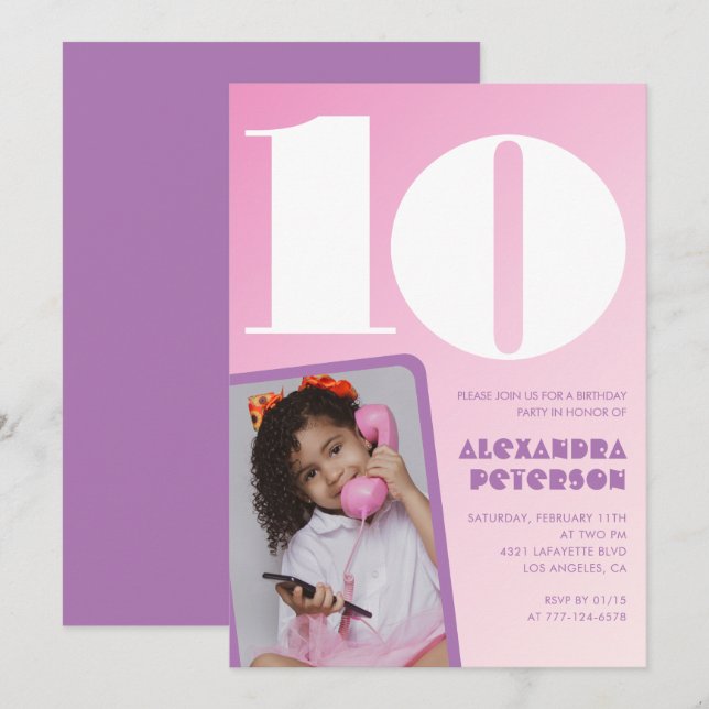 Rosa inbjudningar till 10-årsdag Lila Retro Foto (Fram/baksida)