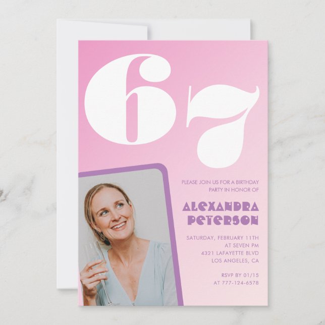 Rosa inbjudningar till 67-årsfirande Retro foto (Framsida)
