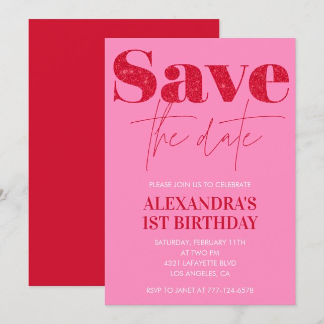Rosa inbjudningskort för 1-årsdag Save the date Ch (Fram/baksida)