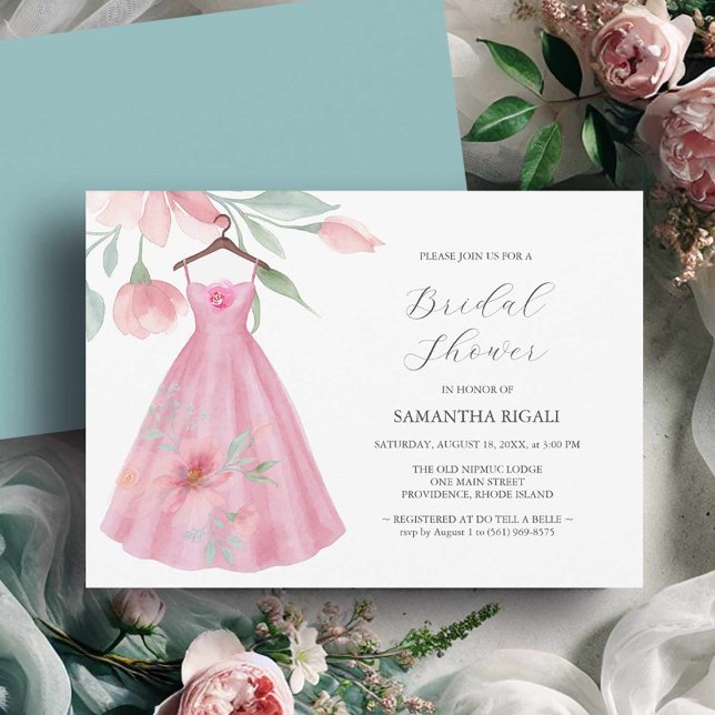 Rosa Inbjudningskort för möhippa Kärlek är i Bloom (Invitations bridal shower pink flowers and dress watercolor by Victoria Grigaliunas Do Tell A Belle)