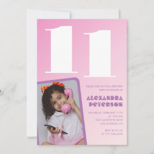 Rosa inbjudningskort till 11-årsdag Flicka Retro f