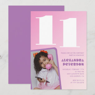 Rosa inbjudningskort till 11-årsdag Flicka Retro f