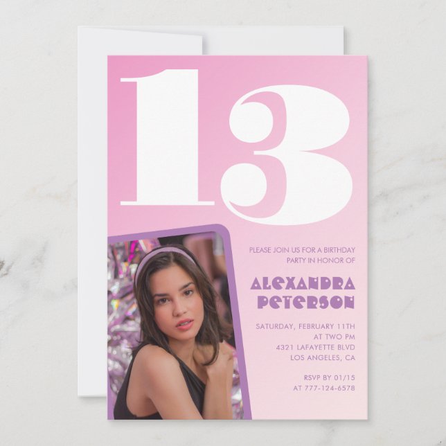 Rosa inbjudningskort till 13-årsdag Flicka Retro f (Framsida)