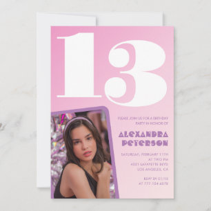 Rosa inbjudningskort till 13-årsdag Flicka Retro f