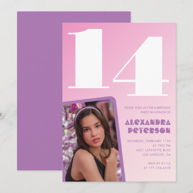 Rosa inbjudningskort till 14-årsdag Flicka Retro f (Fram/baksida)