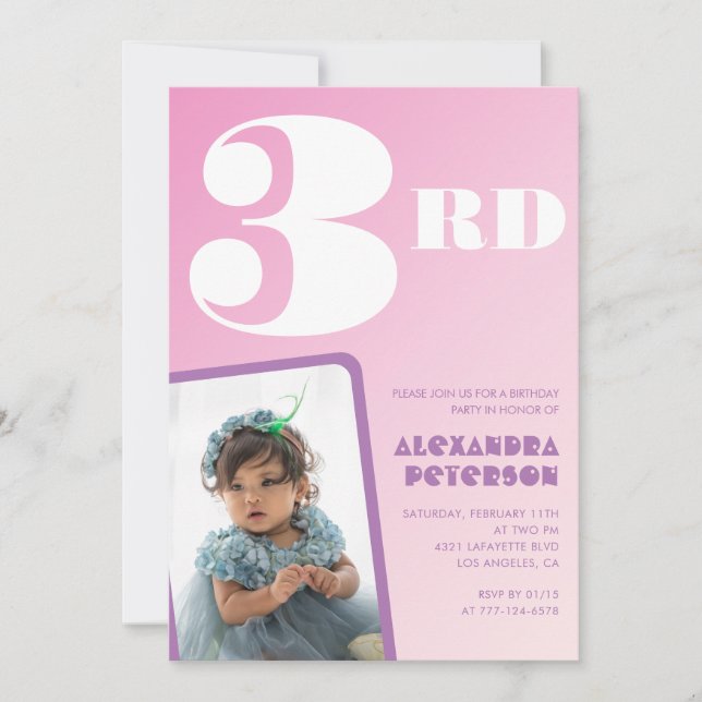 Rosa inbjudningskort till 3-årsdag Flicka Retro Fo (Framsida)