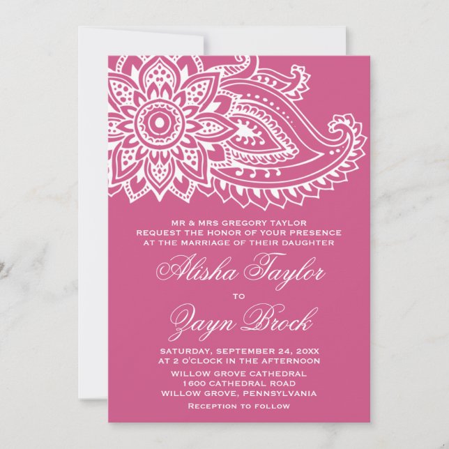 Rosa Indian Paisley Formal Bröllop Inbjudningar (Framsida)