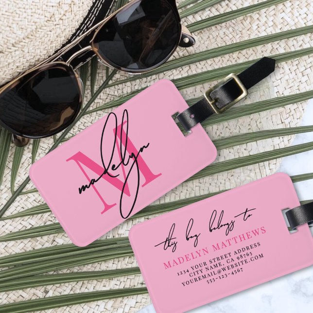 Rosa initial namnmonogram bagagebricka (Custom Modern Pink Initial Name Monogram Luggage Tag )