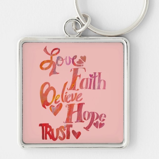 Rosa inspirational Ord Collage Keychain Fyrkantig Silverfärgad Nyckelring (Framsidan)