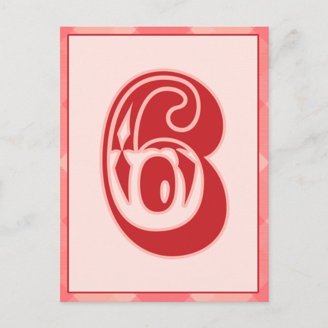Rosa-insticksnummer "6", typografiskt banderokort vykort (Framsida)