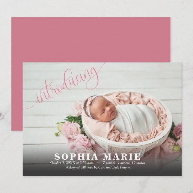 Rosa Introduktion till Baby Photo Tillkännagivande (Fram/baksida)