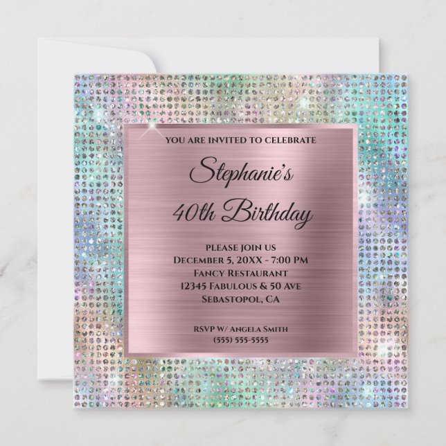Rosa Iridescent Diamond Studed Foil 40th Birthday Inbjudningar (Framsida)