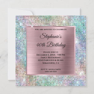 Rosa Iridescent Diamond Studed Foil 40th Birthday Inbjudningar