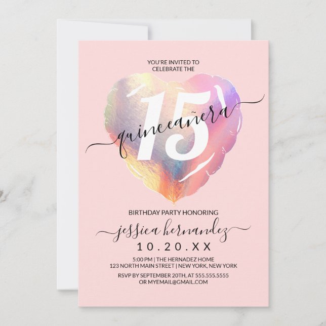 Rosa Iridescent Foil Heart Balloon Quinceañera Inbjudningar (Framsida)