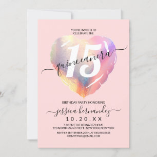 Rosa Iridescent Foil Heart Balloon Quinceañera Inbjudningar