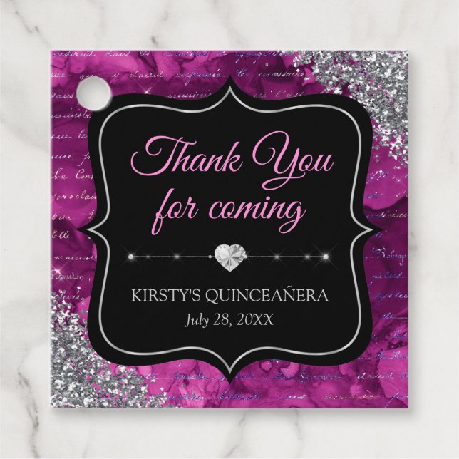 Rosa Iridescent Sjöjungfru Brev Quinceanera Gåvor Etiketter (Framsida)