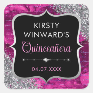 Rosa iriserande glitterbokstäver Quinceanera Fyrkantigt Klistermärke