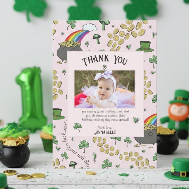 Rosa Irish Rainbow Klöver & Hearts Barns födelseda Tack Kort (Cute Pink St Patrick's Day Kids Birthday Thank You Cards. Green Shamrock Clover Rainbow for Her)