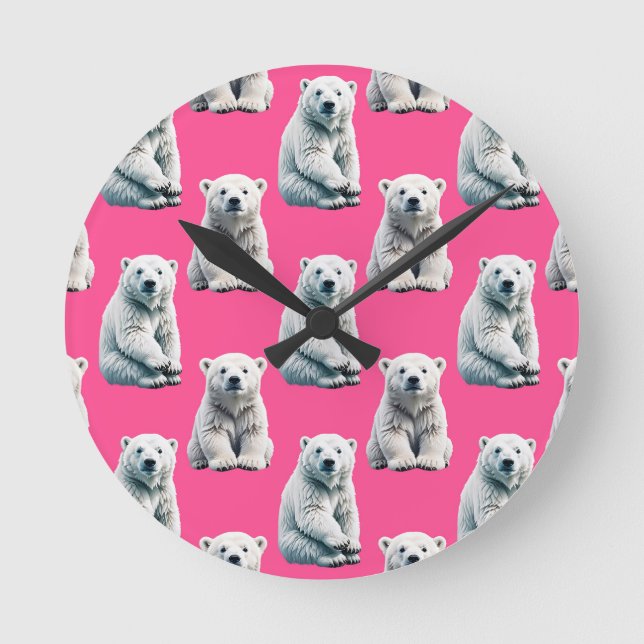 Rosa isbjörn mönsterdesign  rund klocka (Framsida)