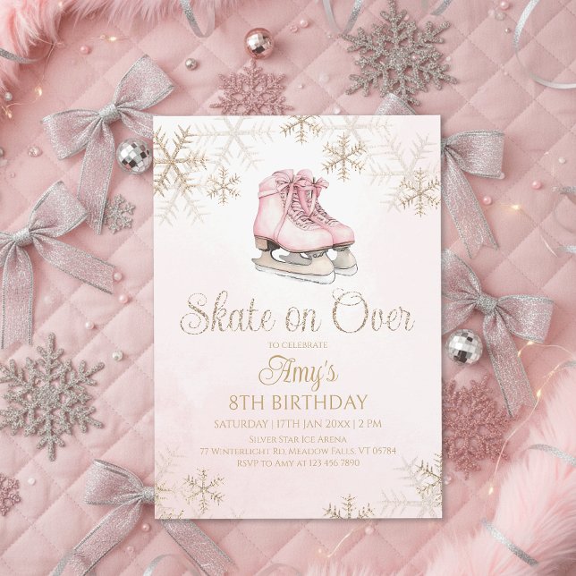 Rosa isdans guld glitter snöflinga födelsedag inbjudningar (Skapare uppladdad)