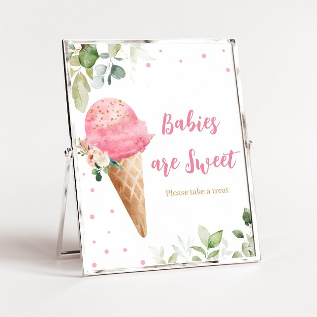 Rosa Isglass Baby Shower Bebisar är Söta Skylt (Girl Ice Cream Baby Shower Babies are Sweet Sign)