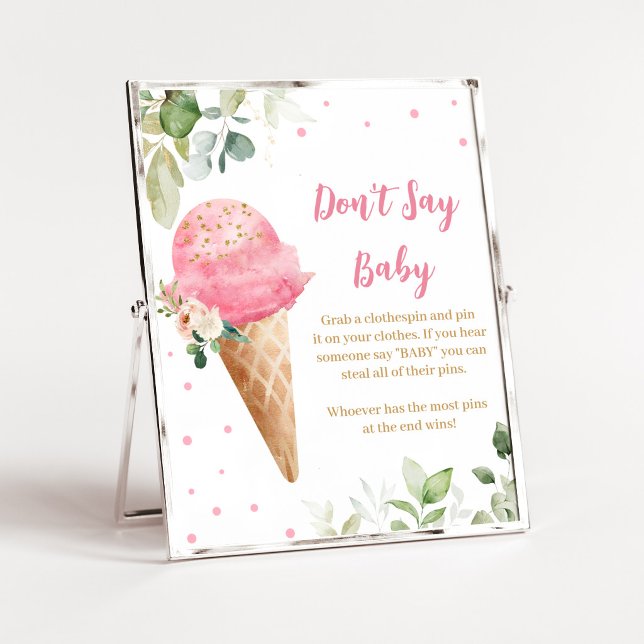 Rosa Isglass Förlossning Don't Say Baby Skylt (Girl Ice Cream Baby Shower Don't Say Baby SIgn)