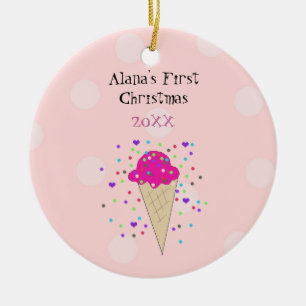 Rosa isglasskon baby första jul julgransprydnad keramik