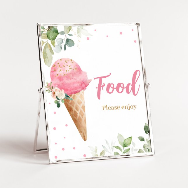 Rosa Iskräm Babyshower Matskylt Poster (Girl Ice Cream Baby Shower Food Sign)