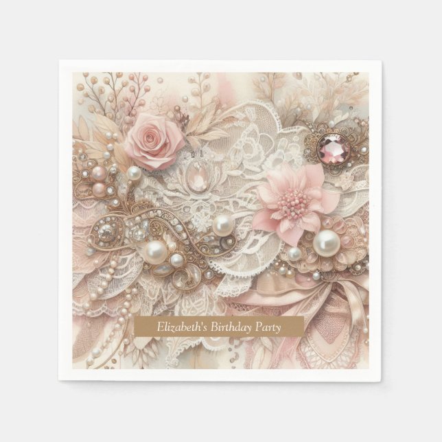Rosa Ivory Beige Blommigt Födelsedagsfest Pappersservett (Framsidan)