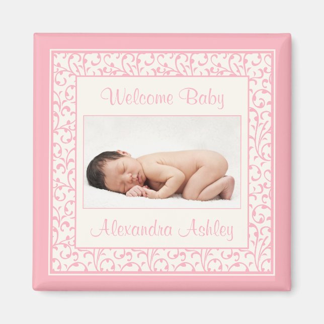 Rosa Ivory Blommigt Damask Baby Photo Magnet (Framsidan)