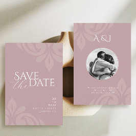 Rosa Ivory Classic Script Damask Photo Bröllop Spara Datumet