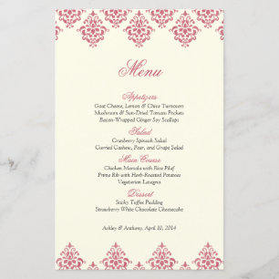 Rosa Ivory Damask Arabesque Bröllop Menu Card