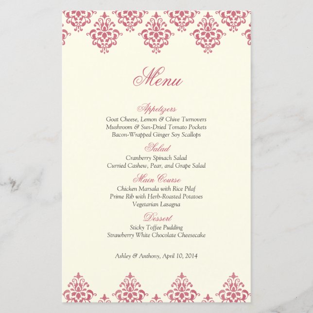 Rosa Ivory Damask Arabesque Bröllop Menu Card (Framsida)