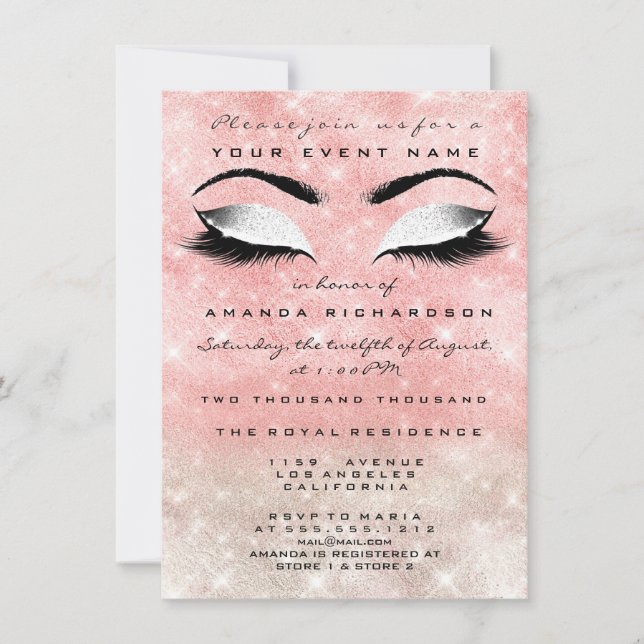 Rosa Ivory Makeup White Glitter 16:e Möhippan Inbjudningar (Framsida)