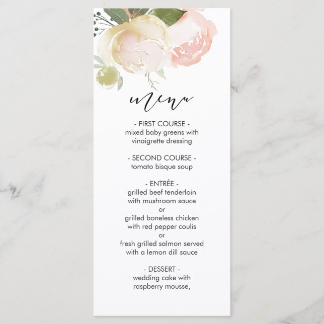  Rosa Ivory Peony Bröllop Menu Meny (Framsida)