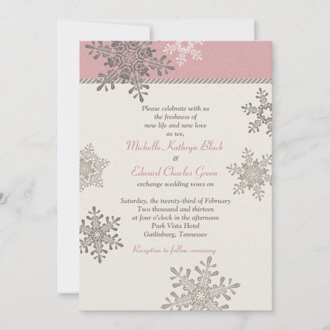 Rosa Ivory Snowflake Winter Wedding bjudande Inbjudningar (Framsida)