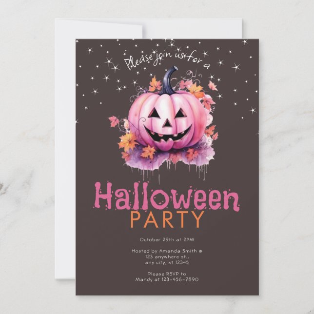 Rosa Jack-O' Lantern Lämnar Stjärnor Halloween-fes Inbjudningar (Framsida)