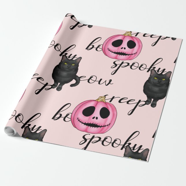 Rosa Jack-O-Lantern och svart katt Presentpapper (Utrullad)