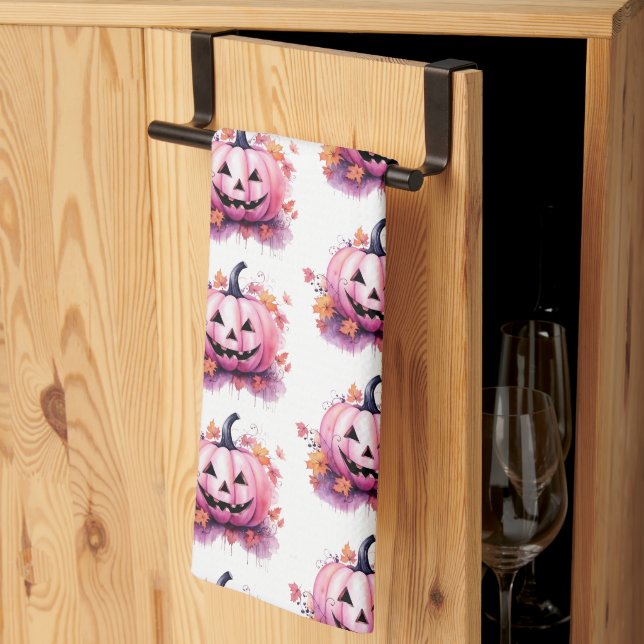 Rosa Jack-O' Lantern Orange Löv Vita Halloween Kökshandduk (Thirds Fold)
