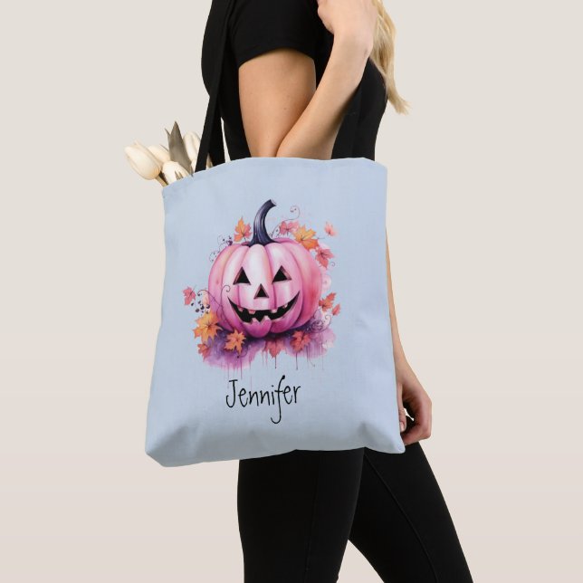 Rosa Jack-O'Lantern Light Blue Halloween Tygkasse (Närbild)